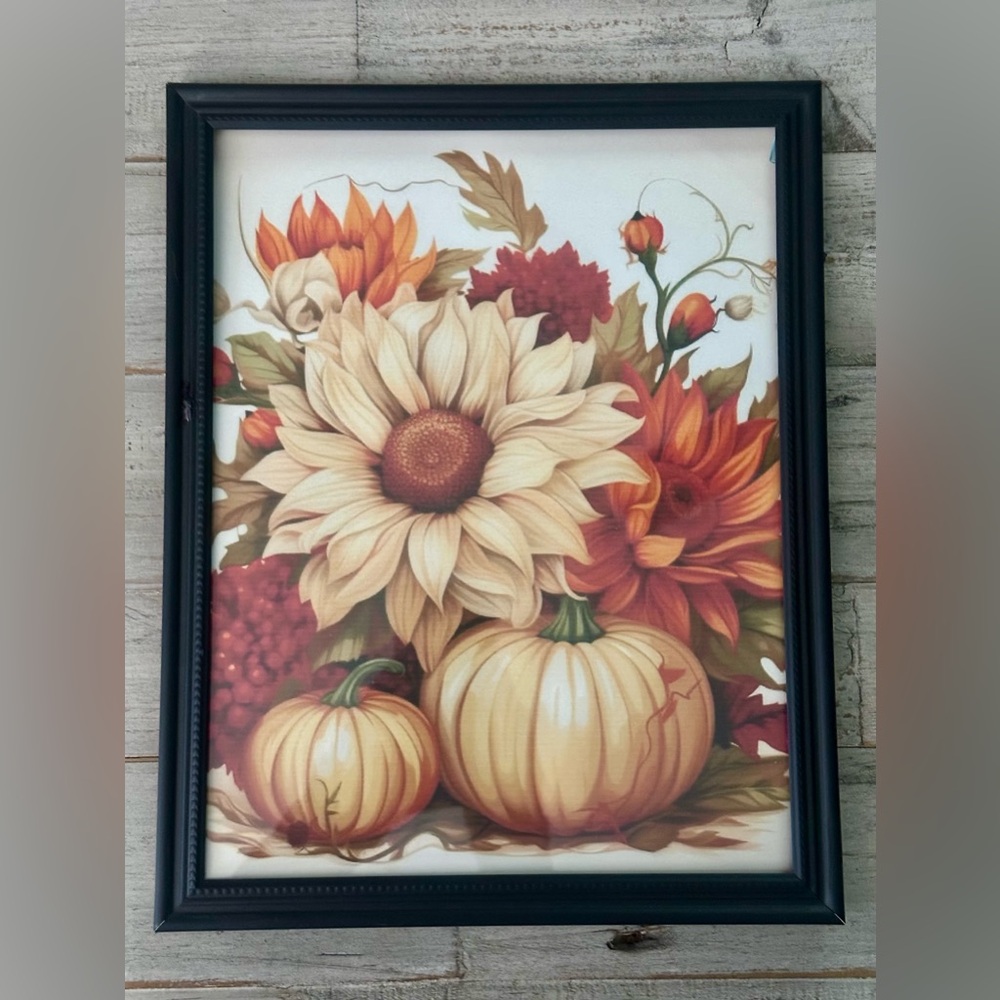 Fall Pumpkin Sunflower Framed 8x10” print Wall Art, Seasonal Harvest Print,